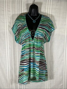 BECCA Striped Swim Cover Up V Neck Beach Pool Dress Green Blue Small